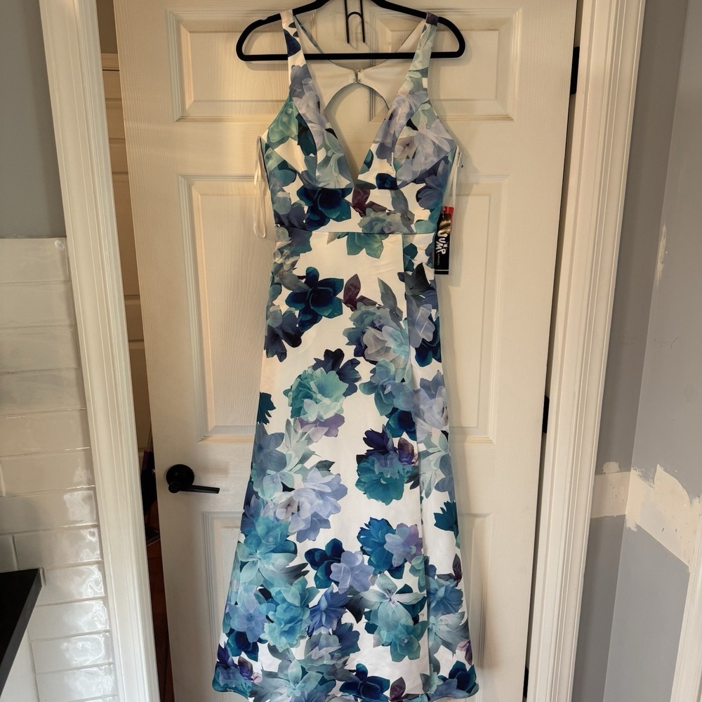 Jump Apparel Junior New Blue Multi-Color Long Formal Prom Dress Sz 9/10‎ Floral